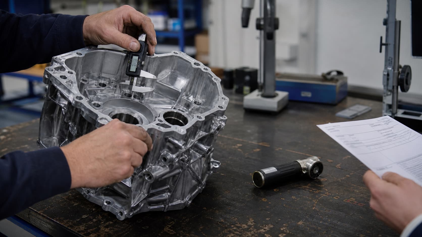 Qualitätsprüfung eines bearbeiteten Aluminiumgehäuses mit Messschieber und Prüfprotokoll